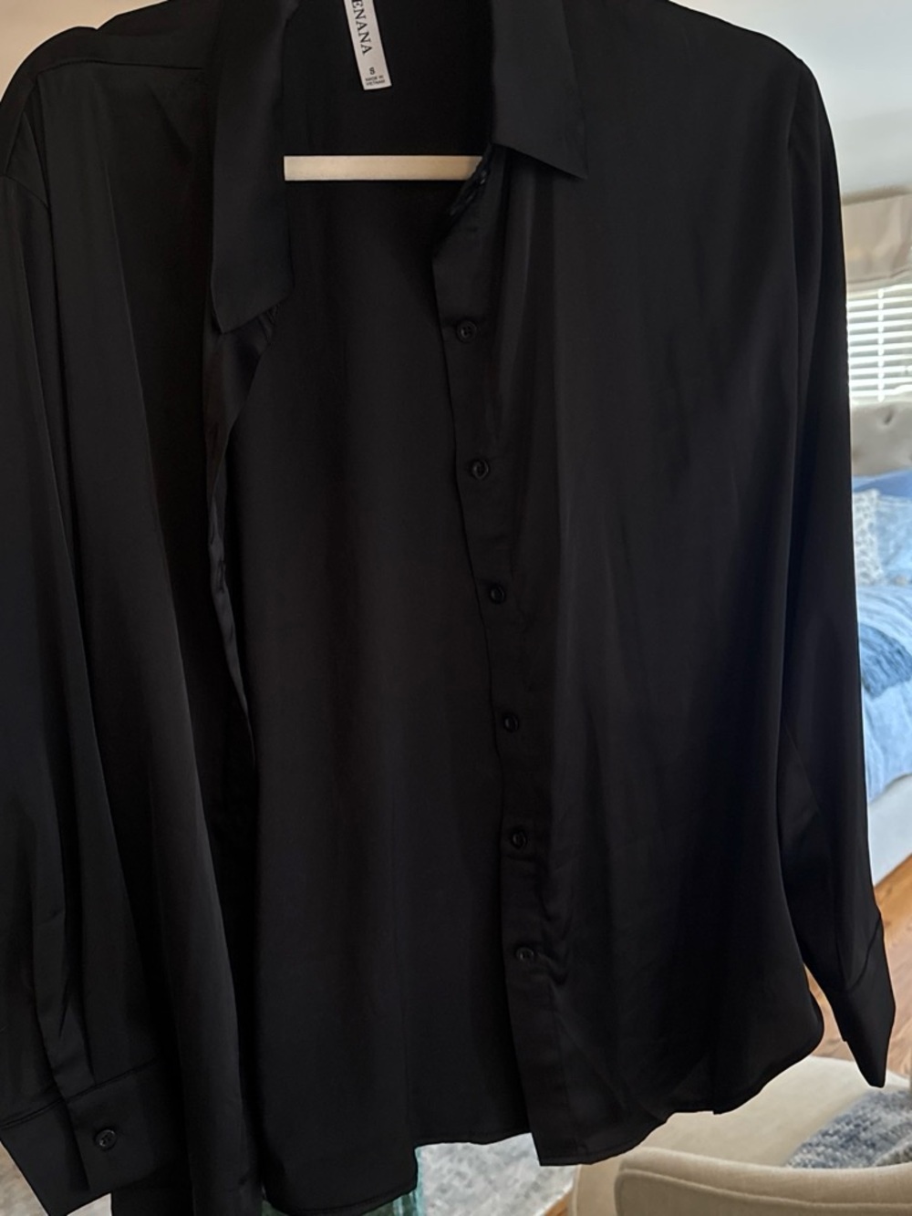 Women’s Satin Black Button-Up Shirt - Classic Long Sleeve